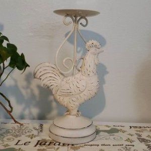 Distressed white ROOSTER large candle pedestal
